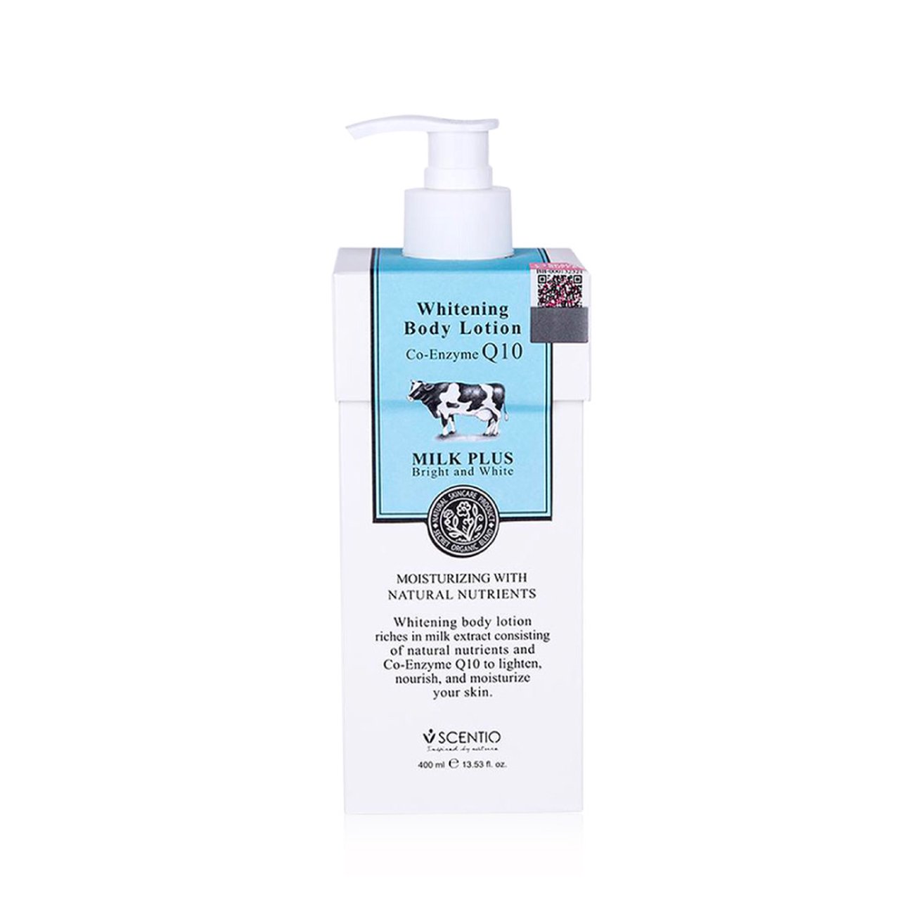 Scentio Milk Plus Whitening Q10 Body Lotion 400ml bottle for radiant skin